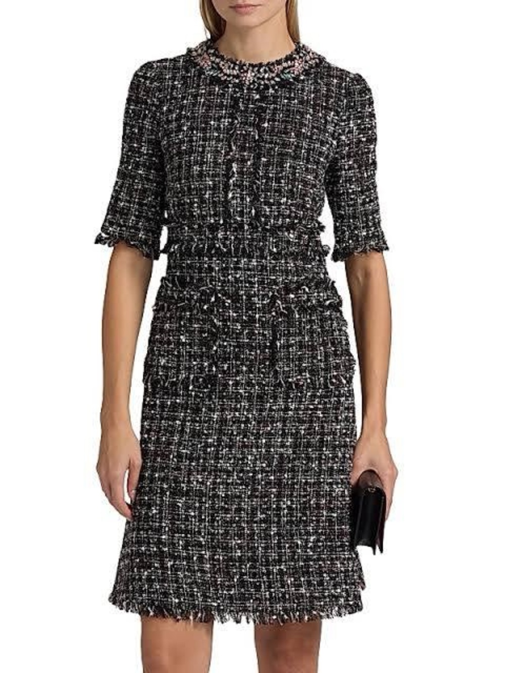 Rickie Freeman Teri Jon Tweed Dress Womens 16 Black NWT Crystal Fringe Pockets